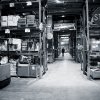 Black and white image of a food bank warehouse