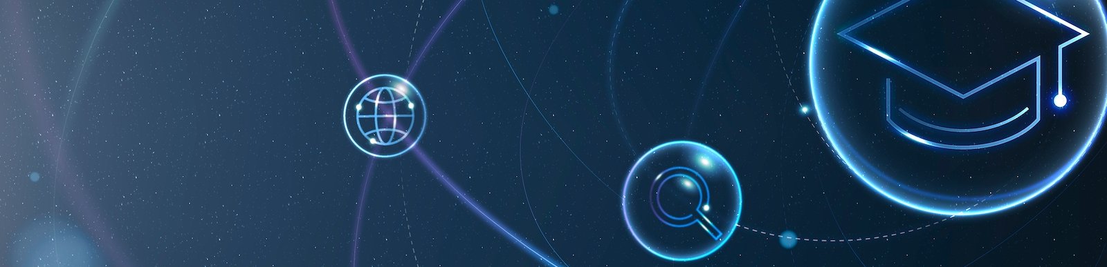 Image with blue digital background showing student cap, magnifying glass and web sign in bubbles, linked by lines suggestive of digital technology