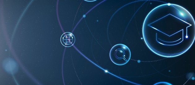 Image with blue digital background showing student cap, magnifying glass and web sign in bubbles, linked by lines suggestive of digital technology