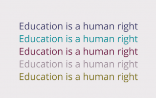 Beige square with text reading 'Education is a human right' repeated 5 times in different colours, followed by the line 'Support it this Giving Tuesday'. The RTE logo is displayed in the middle of text