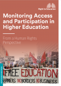 Publication front cover with text reading "Monitoring Access and Participation in Higher Education From a Human Rights Perspective" and photo of student protest with banner reading "Free education: no borders, no barriers, no business"