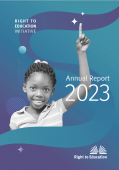 Front cover of RTE 2023 Annual report Image of smiling girl pointing upwards, on blue and purple background with text which reads 'Right to Education Initiative. Annual Report 2023'